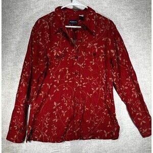 Liz Claiborne Lizsport Long Sleeve Floral Red Shirt Size M Granny Core Linen
